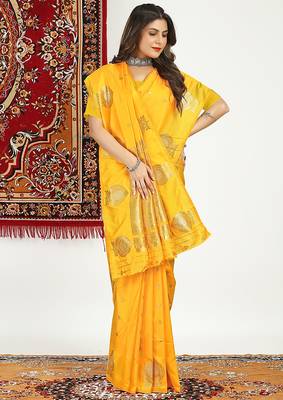 Mustard yellow banarasi silk blend saree with zari buta weaving 1