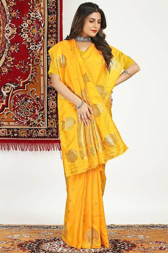 Mustard yellow banarasi silk blend saree with zari buta weaving