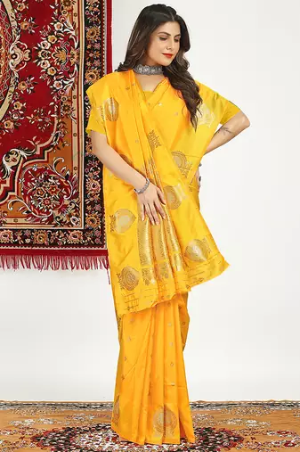 Mustard yellow banarasi silk blend saree with zari buta weaving