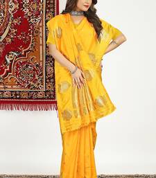 Mustard yellow banarasi silk blend saree with zari buta weaving