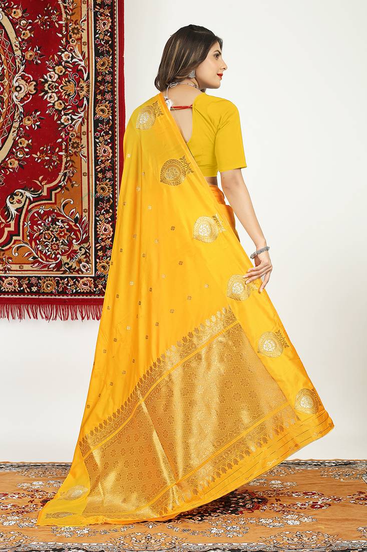 Mustard yellow banarasi silk blend saree with zari buta weaving
