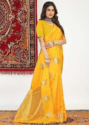 Mustard yellow banarasi silk blend saree with zari buta weaving 3