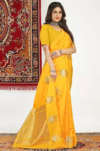 Mustard yellow banarasi silk blend saree with zari buta weaving