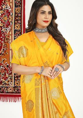 Mustard yellow banarasi silk blend saree with zari buta weaving 4