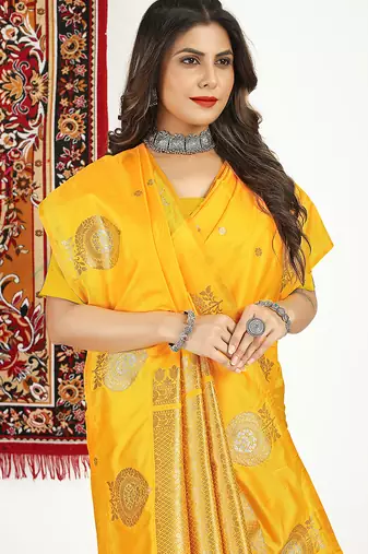 Mustard yellow banarasi silk blend saree with zari buta weaving