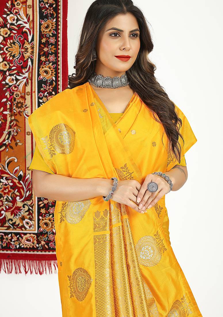 Mustard yellow banarasi silk blend saree with zari buta weaving