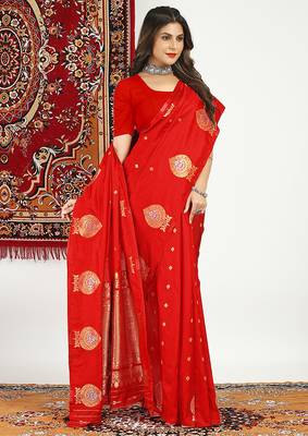 Red banarasi silk blend saree with zari buta weaving 1