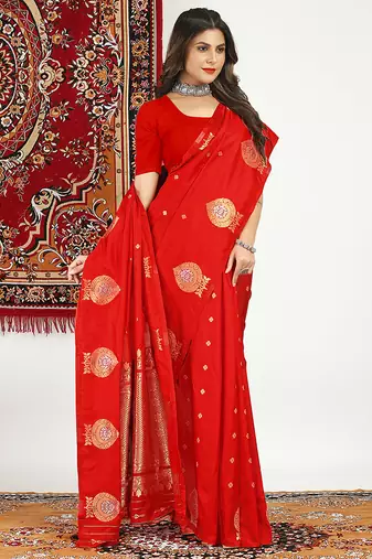 Red banarasi silk blend saree with zari buta weaving