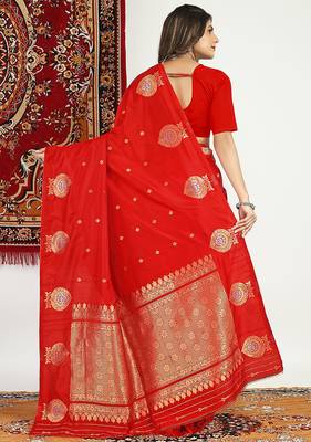 Red banarasi silk blend saree with zari buta weaving 2