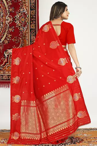 Red banarasi silk blend saree with zari buta weaving