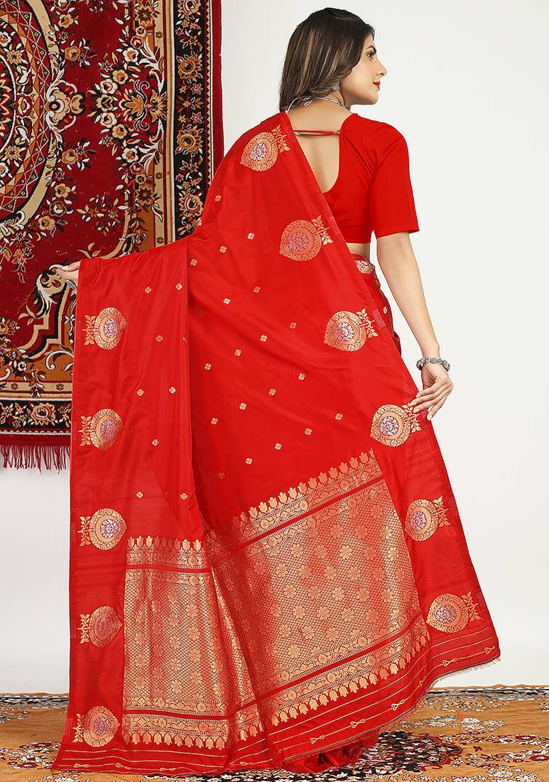Red banarasi silk blend saree with zari buta weaving