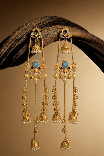 Gold Plated Kashmiri Long Jhumka Earrings with Pearl Beads