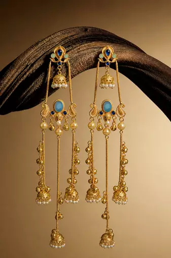 Gold Plated Kashmiri Long Jhumka Earrings with Pearl Beads