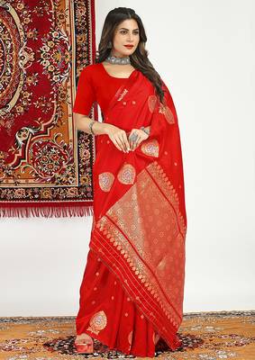Red banarasi silk blend saree with zari buta weaving 3