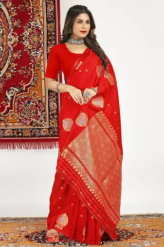 Red banarasi silk blend saree with zari buta weaving