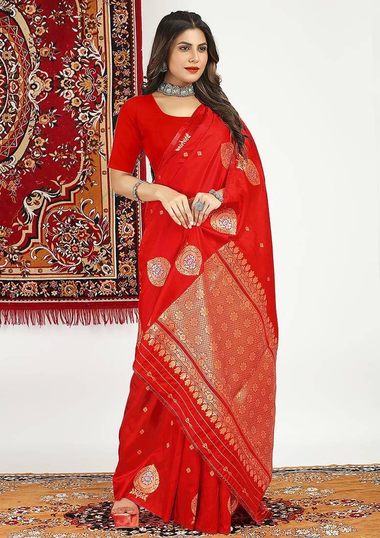 Red banarasi silk blend saree with zari buta weaving