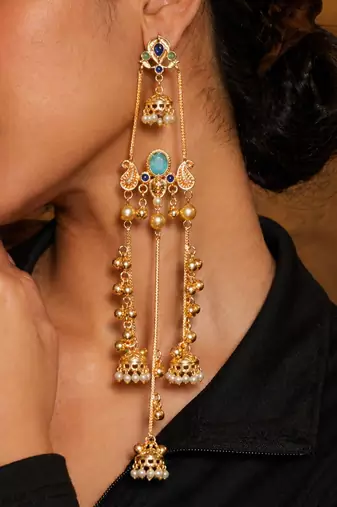 Gold Plated Kashmiri Long Jhumka Earrings with Pearl Beads