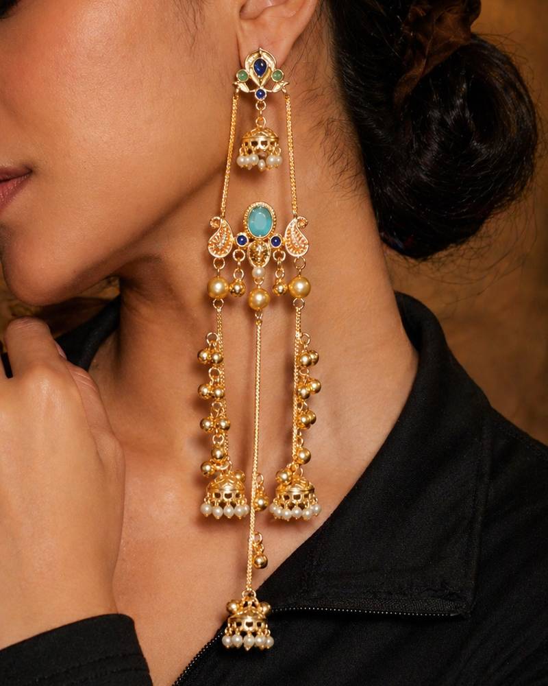 Gold Plated Kashmiri Long Jhumka Earrings with Pearl Beads