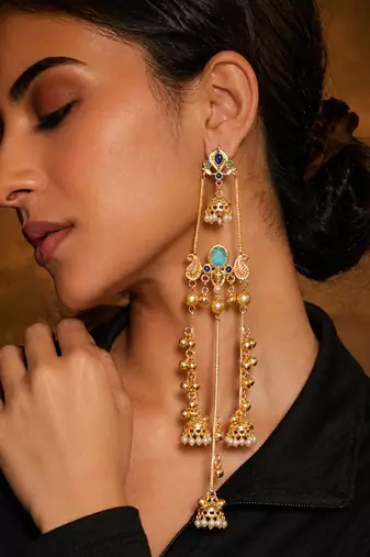 Gold Plated Kashmiri Long Jhumka Earrings with Pearl Beads