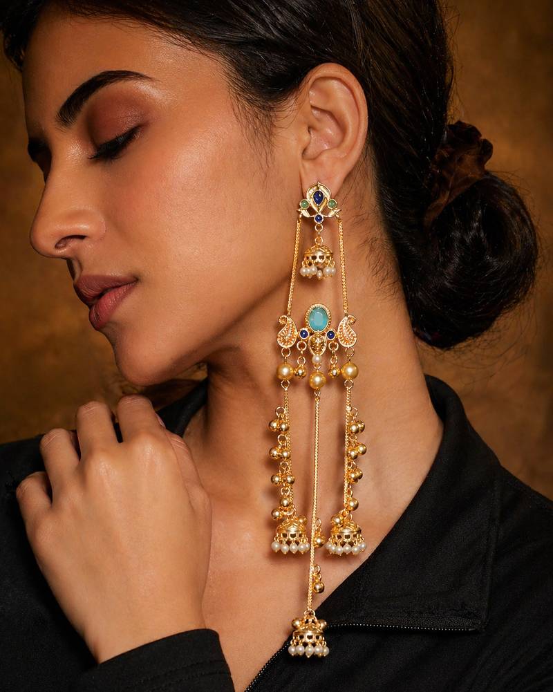 Gold Plated Kashmiri Long Jhumka Earrings with Pearl Beads