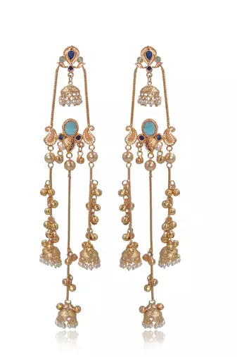 Gold Plated Kashmiri Long Jhumka Earrings with Pearl Beads
