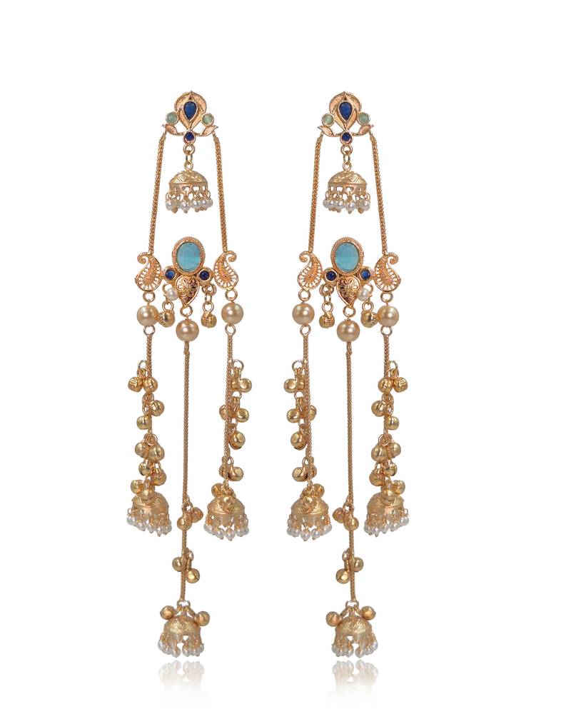 Gold Plated Kashmiri Long Jhumka Earrings with Pearl Beads
