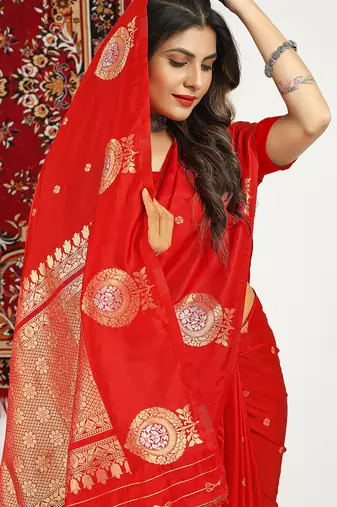 Red banarasi silk blend saree with zari buta weaving