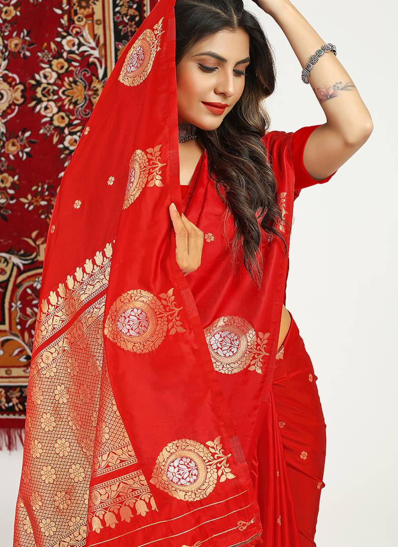 Red banarasi silk blend saree with zari buta weaving