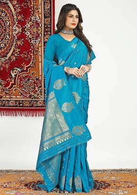 Aqua blue banarasi silk blend saree with zari buta weaving 1