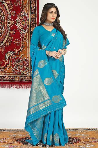 Aqua blue banarasi silk blend saree with zari buta weaving