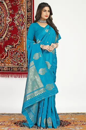 Aqua blue banarasi silk blend saree with zari buta weaving