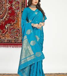 Aqua blue banarasi silk blend saree with zari buta weaving