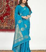 Aqua blue banarasi silk blend saree with zari buta weaving