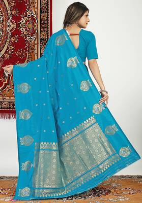 Aqua blue banarasi silk blend saree with zari buta weaving 2