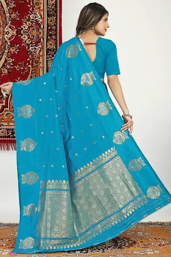Aqua blue banarasi silk blend saree with zari buta weaving