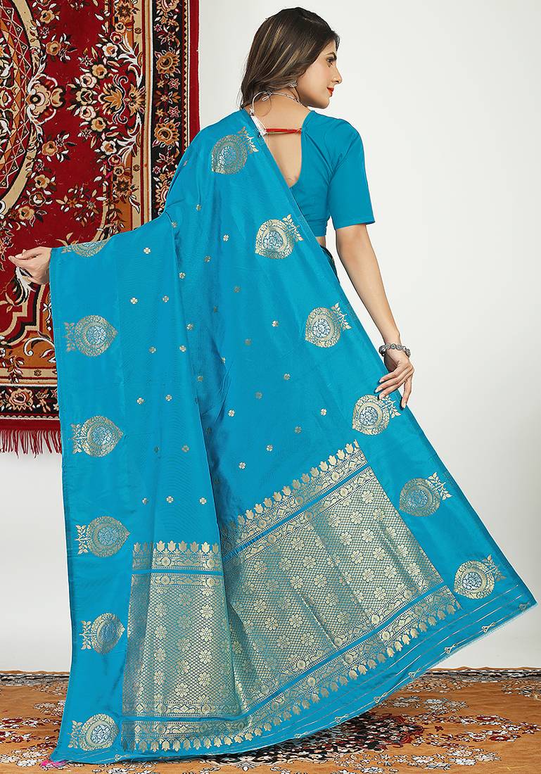 Aqua blue banarasi silk blend saree with zari buta weaving