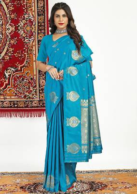Aqua blue banarasi silk blend saree with zari buta weaving 3