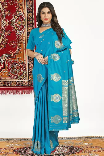 Aqua blue banarasi silk blend saree with zari buta weaving