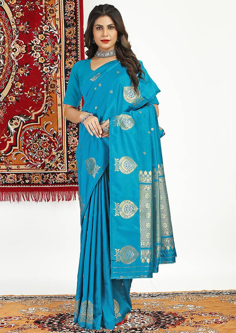 Aqua blue banarasi silk blend saree with zari buta weaving