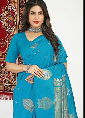 Aqua blue banarasi silk blend saree with zari buta weaving 4