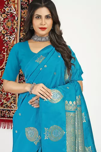Aqua blue banarasi silk blend saree with zari buta weaving