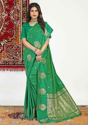 Green banarasi silk blend saree with zari buta weaving 1