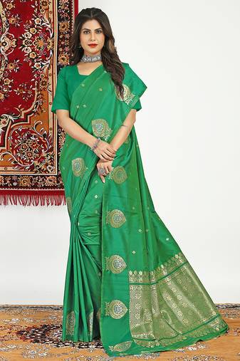 Green banarasi silk blend saree with zari buta weaving