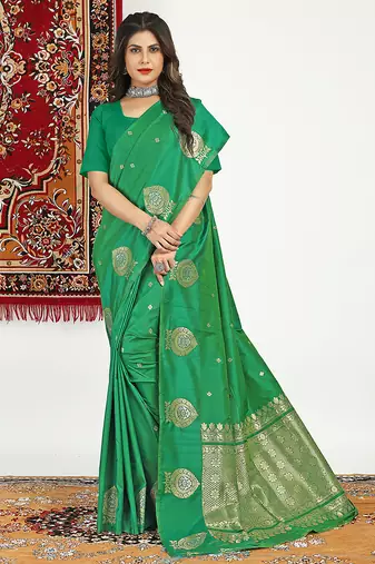 Green banarasi silk blend saree with zari buta weaving
