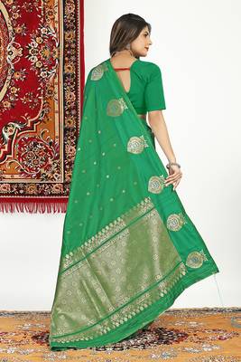 Green banarasi silk blend saree with zari buta weaving 2