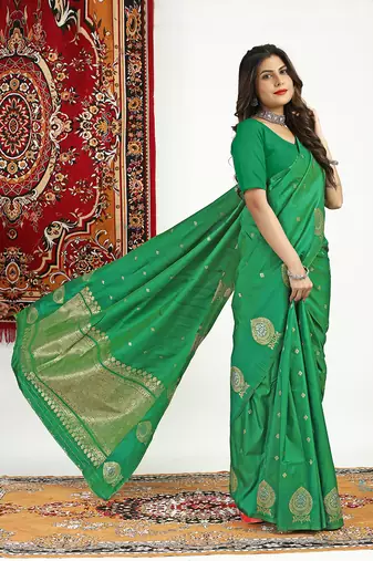 Green banarasi silk blend saree with zari buta weaving