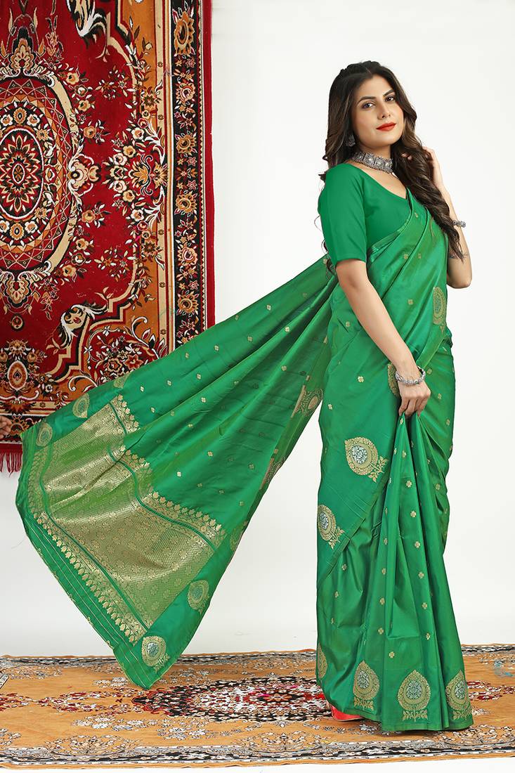 Green banarasi silk blend saree with zari buta weaving