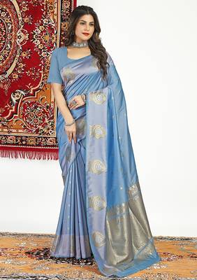 Slate grey banarasi silk blend saree with zari buta weaving 1