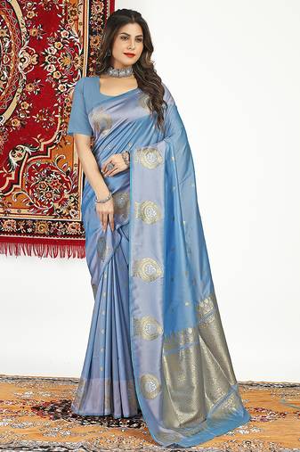 Slate grey banarasi silk blend saree with zari buta weaving