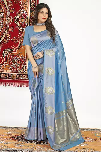 Slate grey banarasi silk blend saree with zari buta weaving